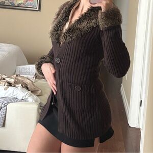 Ribbed Knit Jacket with Faux Fur Trim